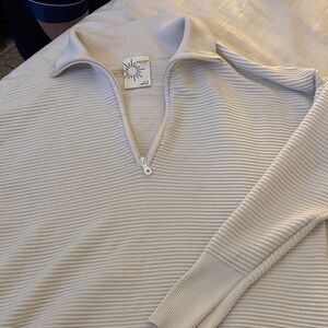 Aerie White Ribbed Knit Quarter Zip